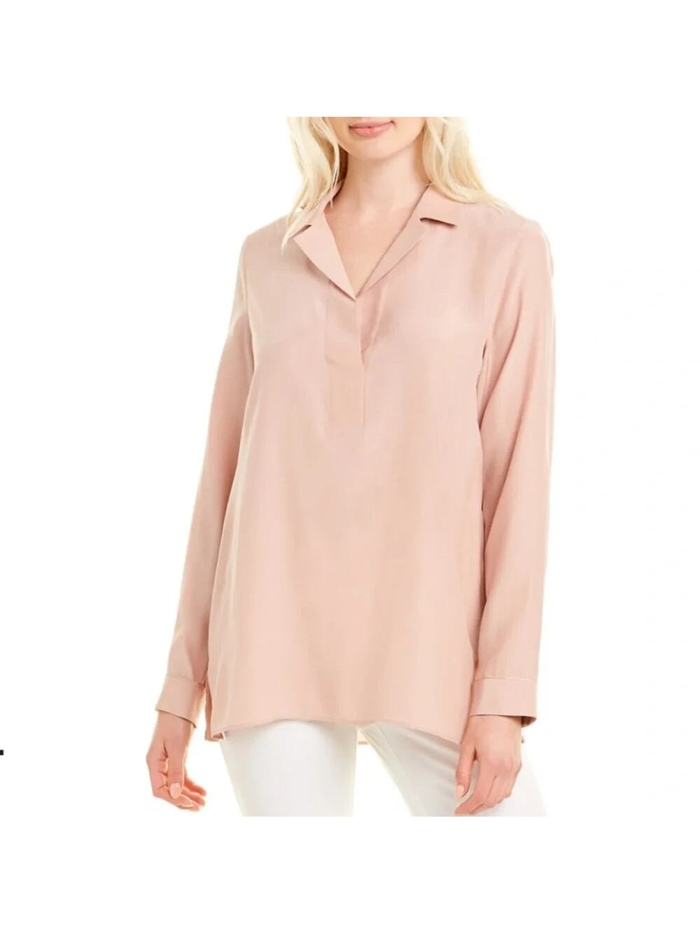 NWT Lafayette 148 Finn Silk Blouse Long Sleeve Satin V Neck Top Pink Quartz XS
